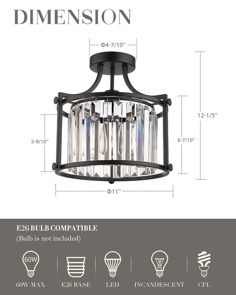 Crystal Flush Mount Ceiling Light, 1-Light Black Ceiling Light, Modern Flush ...