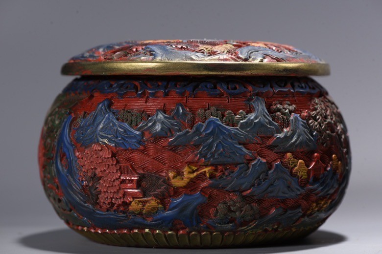 Old Dynasty Red Wood lacquerware Painting Carve tree house Jar Pot Crock pair