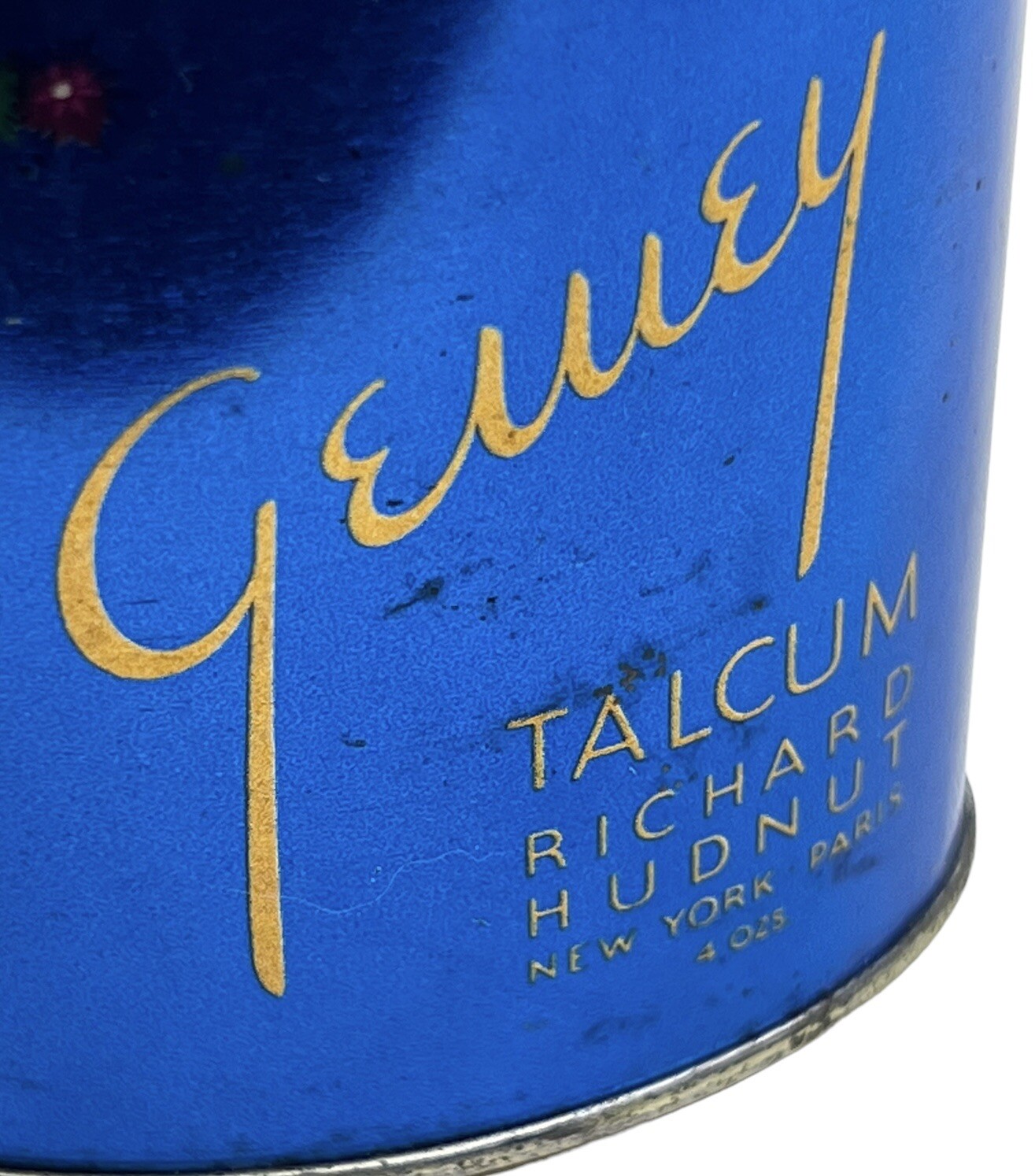 Rare Antique Gewey Talcum Powder Tin Litho Can Richard Hudnut Emerald Ruby Gems