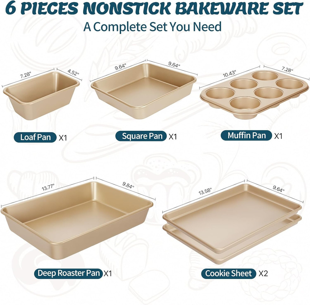 Baking Pans Set, Nonstick Stackable Bakeware Sets, Oven Pans Cooking, 6 Pieces