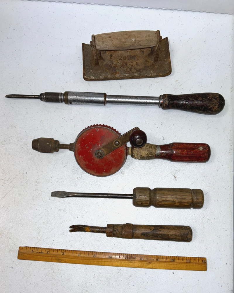 Vintage 5 Wooden Handles Tools: Drill, Screwdriver, Edger, Tack Puller,