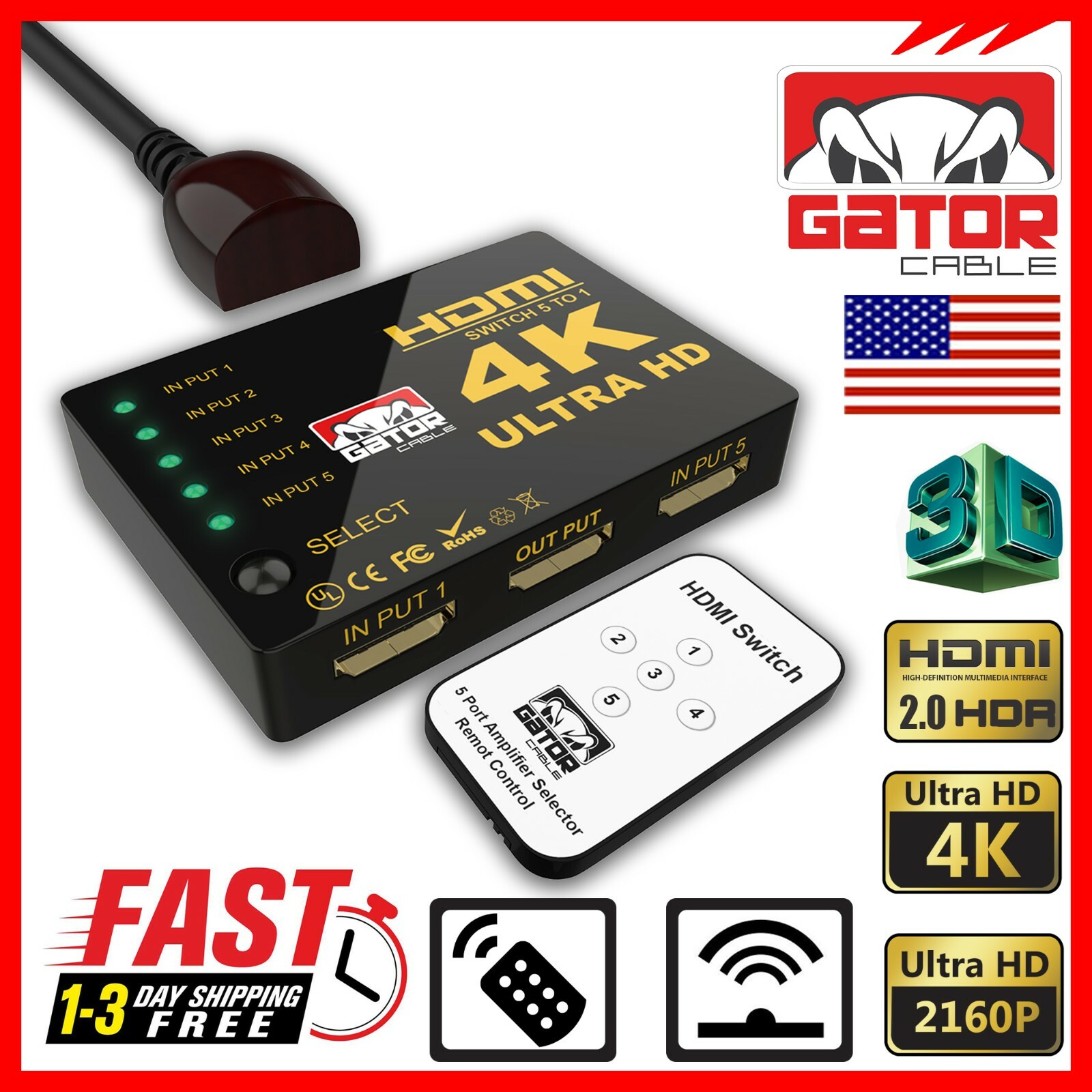 4K HDMI 2.0 Cable Splitter Switcher Box Hub IR Remote Control 5X1 Power 5 to 1