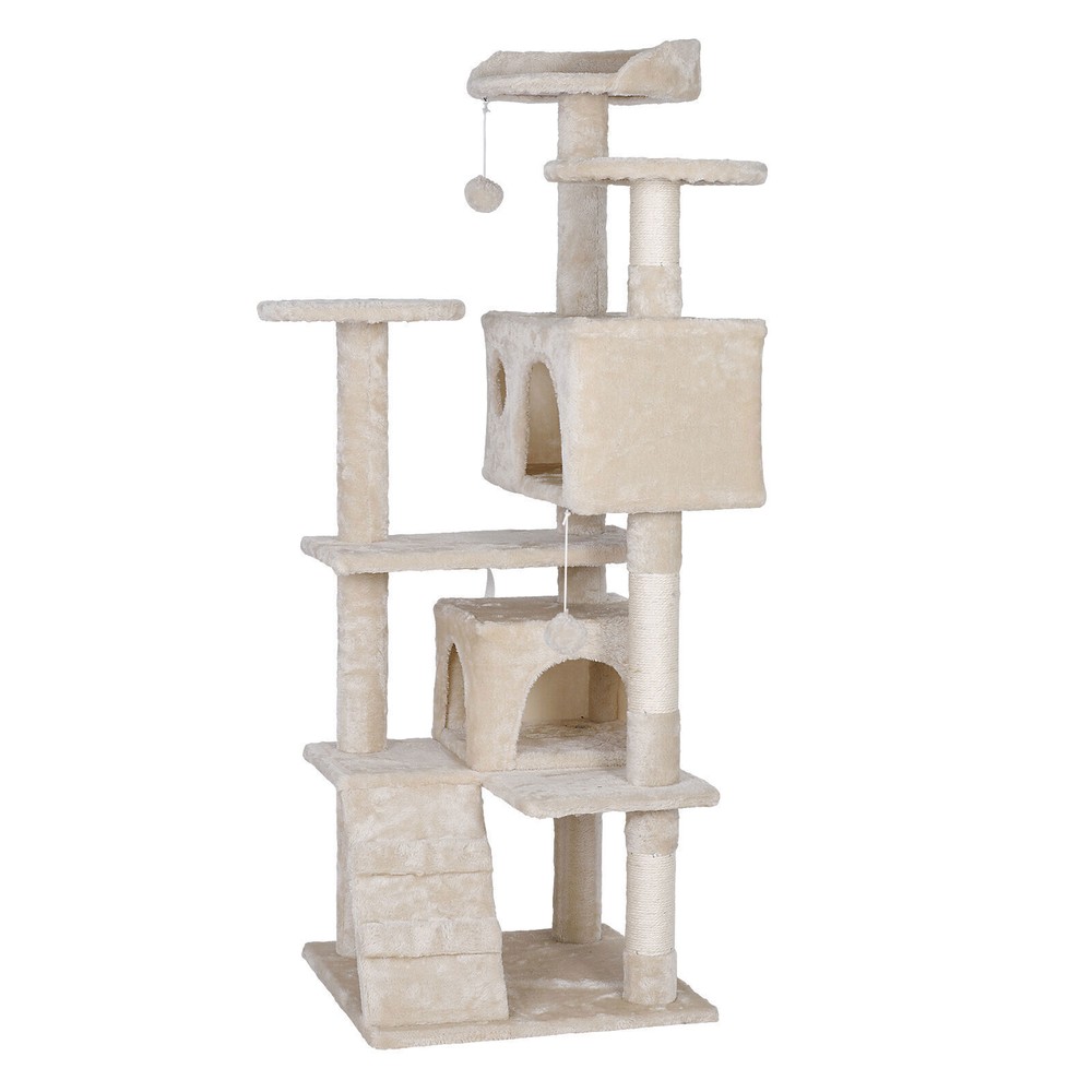 55" Cats Cat Tower for Indoor with Scratching Post Condo Multi-Level Beige