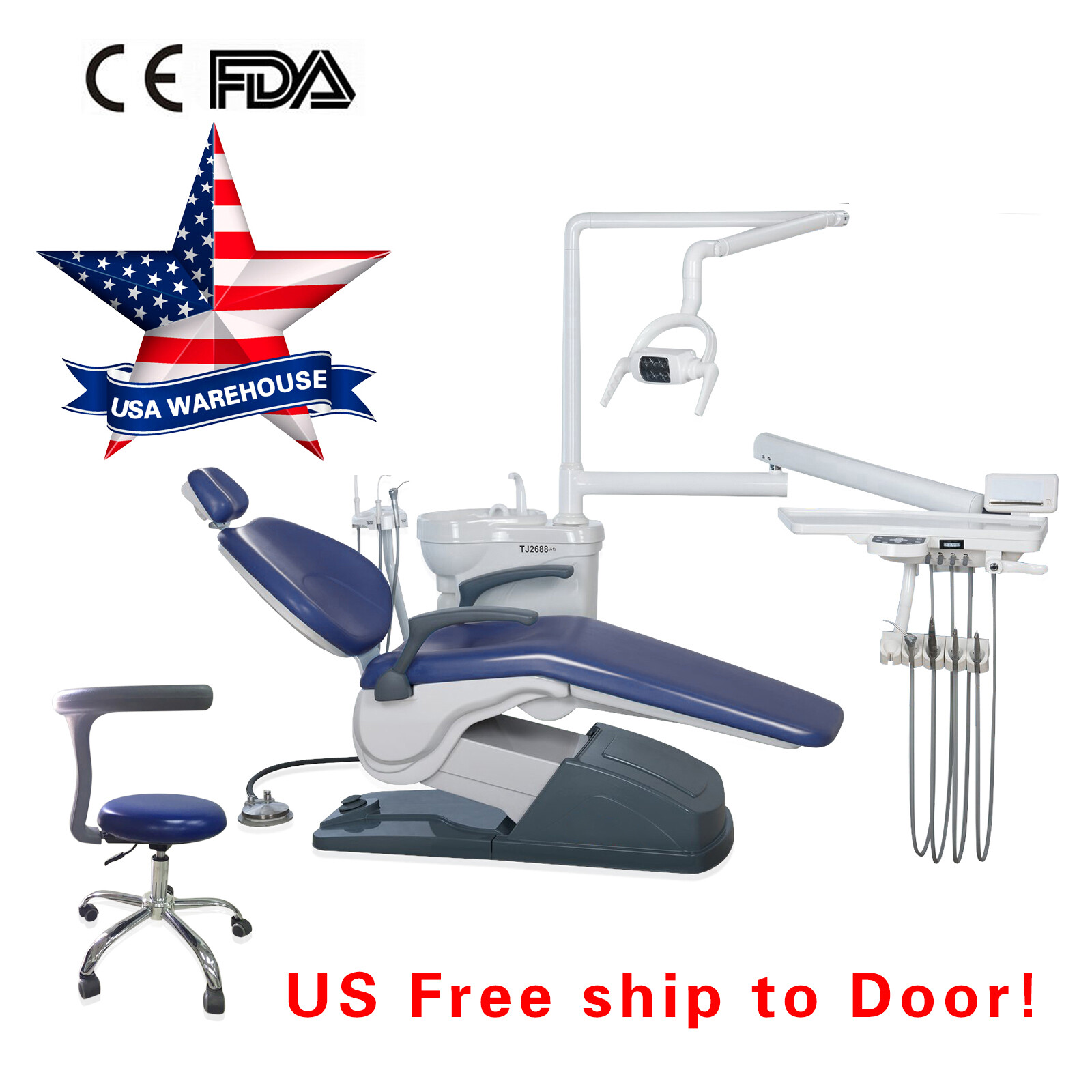 ADJUSTABLE MEDICAL DENTAL CHAIR WITH STOOL COMBINATION BLUE Hard Leather