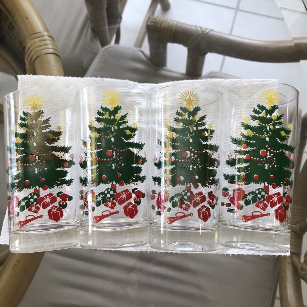 VTG Set/4 Christmas Tree Holiday Glasses  MCM Drinking Tall