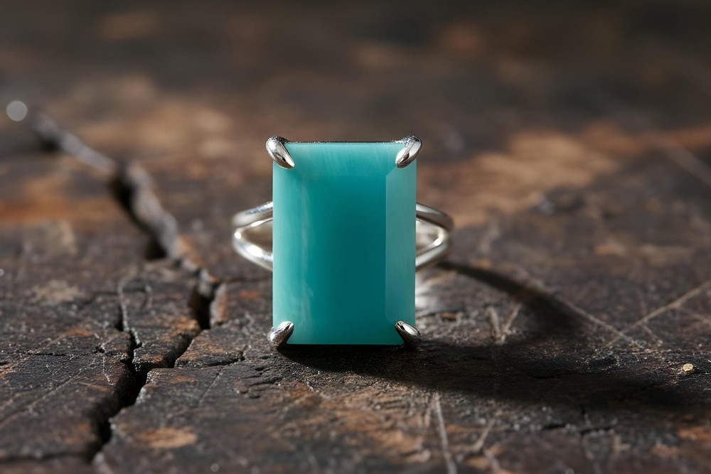 Amazonite Ring 14k Gold Rectangle Cut Sky Blue Semiprecious Statement