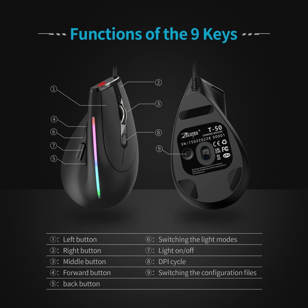 zelotes Wired Vertical Gaming Mouse,Ergonomic Design USB LED Optical Mouse wi...