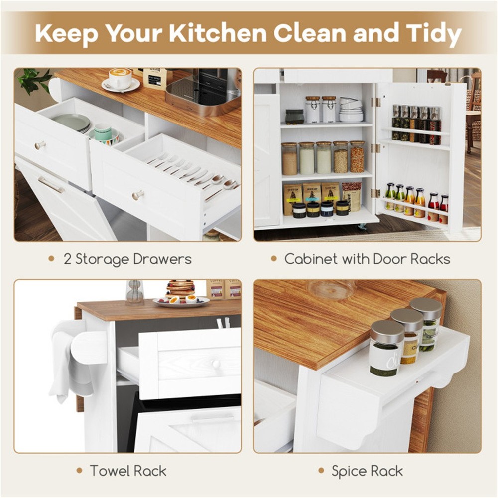 Mobile Kitchen Island Cart with Drop-Leaf Design Lockable Wheels Trash Storage​