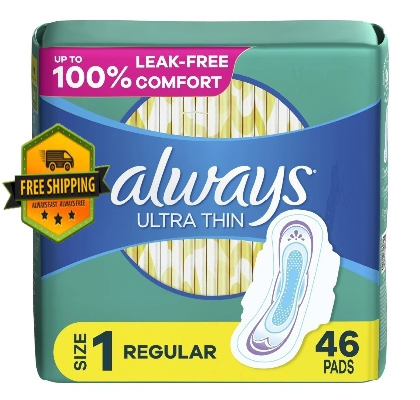 Always Ultra Thin Pads with Wings, Regular Absorbency, Unscented, 46 Count Pack