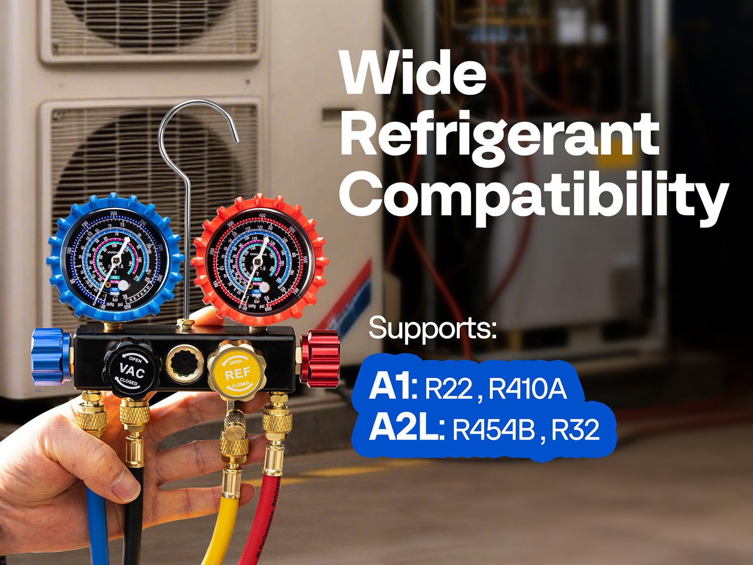 4 Valve HVAC Manifold Gauge Set R410A R454B R32 R22 AC Gauges w/ 5ft Hoses Kit