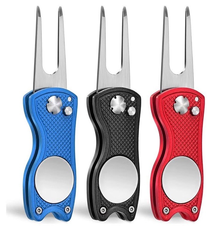 Folding Golf Divot Tool With Ball Marker (Red Blue Black)