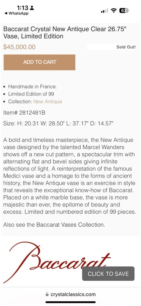 Bacarrat Crystal X-Large Vase