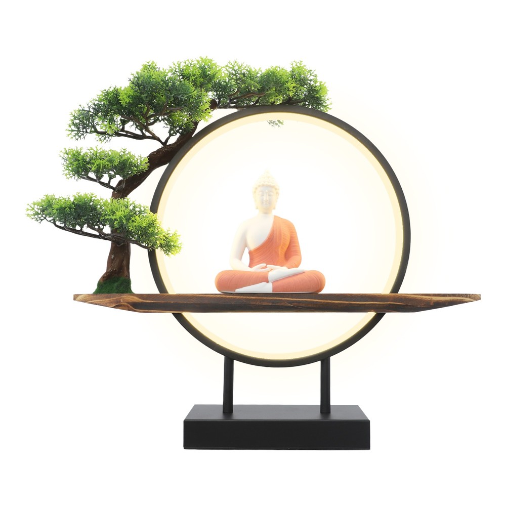 Buddha Statue Circle Lamp Tabletop LED Lighting Light with Green Artificial Tree