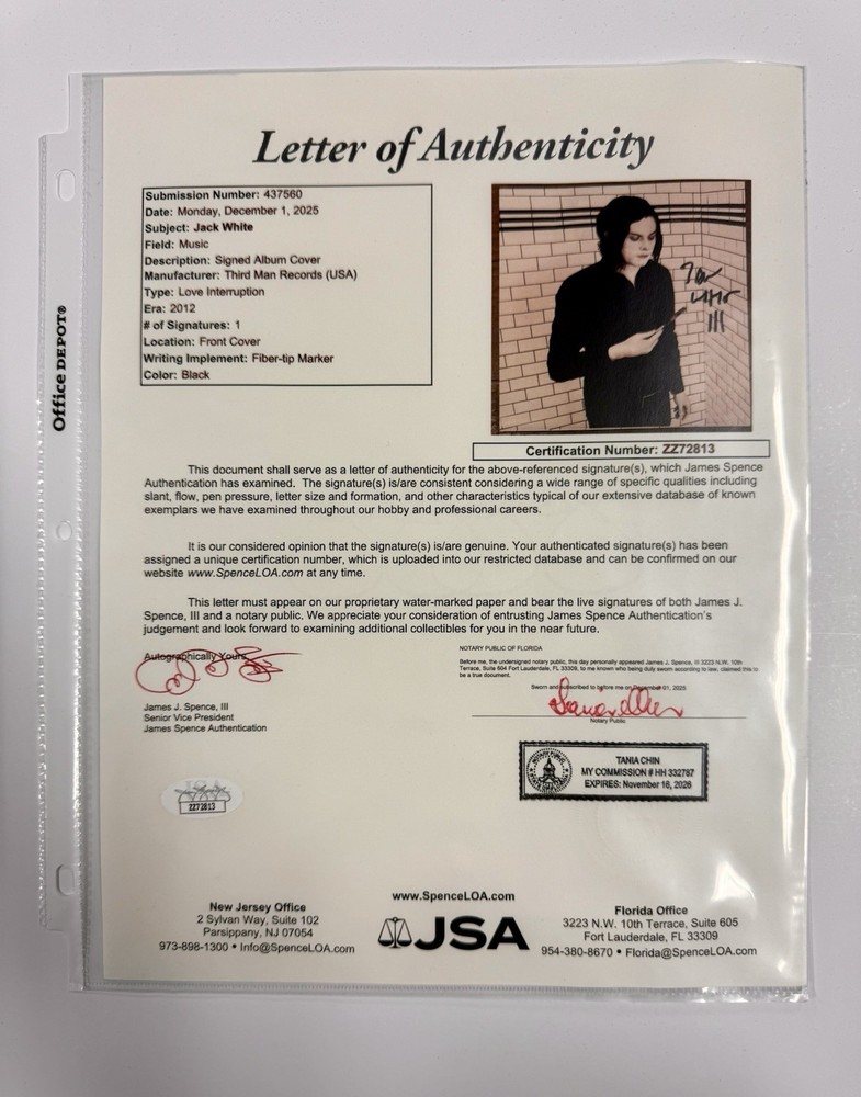 Jack White signed Love Interruption / Machine Gun Silhouette 7" lp JSA Letter