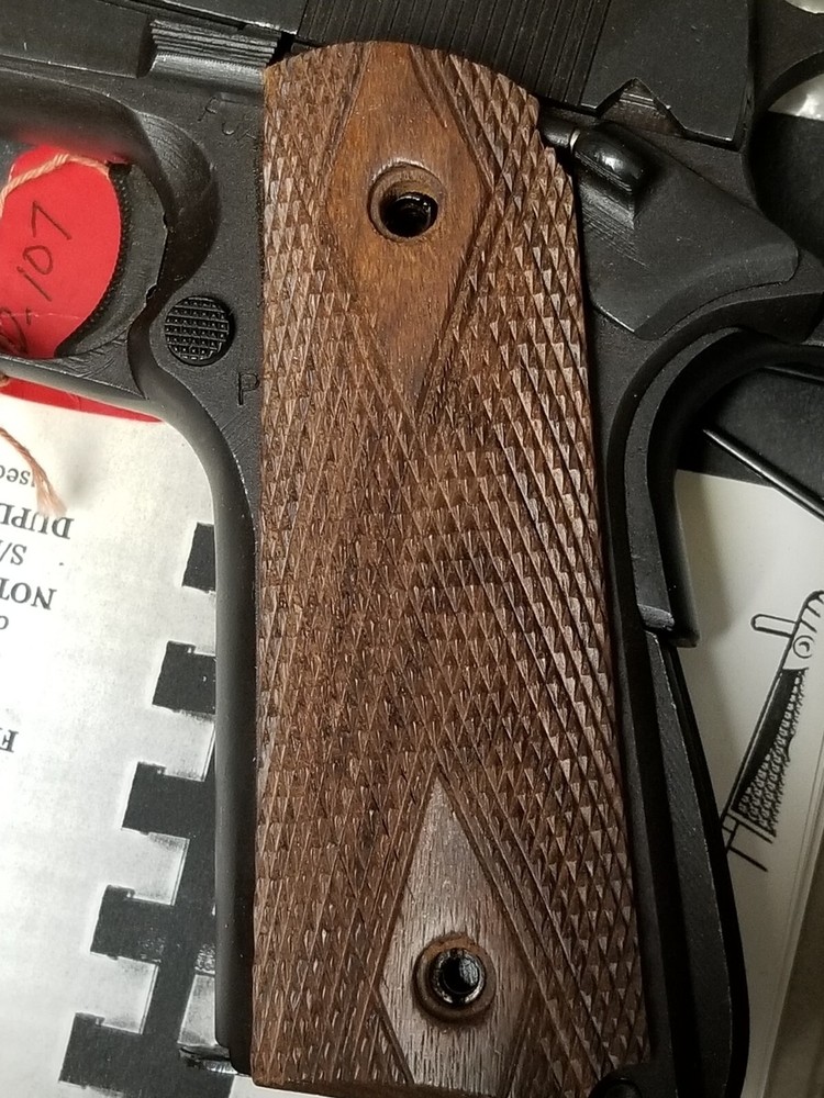 COLT 45 WOOD GRIPS DIAMONDS CHECKERED. OFFSET HOLES SOLD "AS IS".