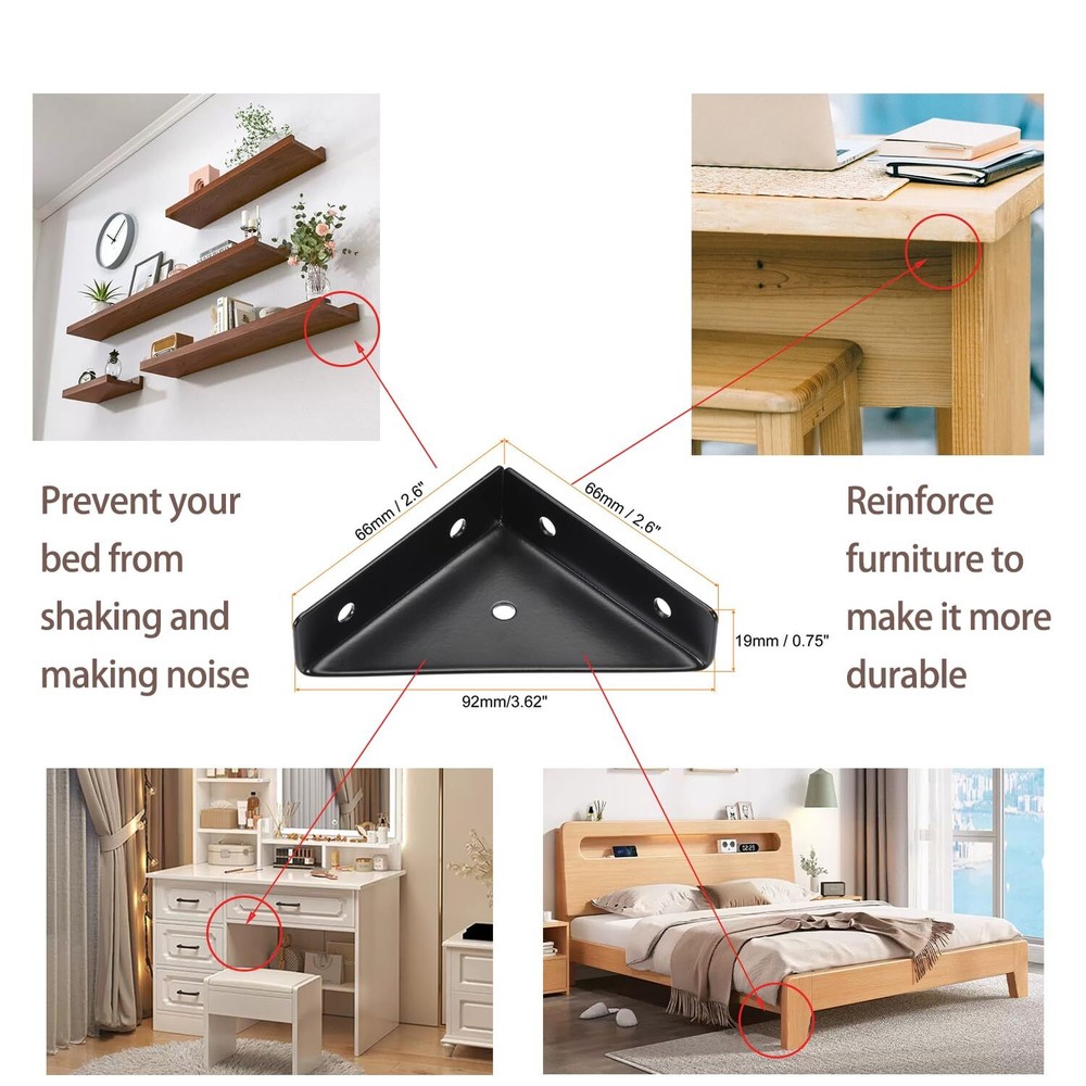 6-Pack Black Bed Corner Support Hidden Triangular Bracket Fastener Steel