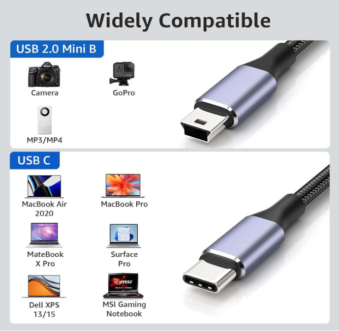 USB C to Mini USB Cable 1FT, [Aluminum Shell, Braided] Durable Mini