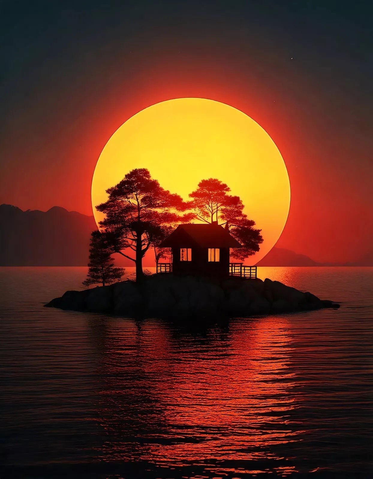 Digital Image Picture Photo Wallpaper Background AI Art Sunset Behind Island x1