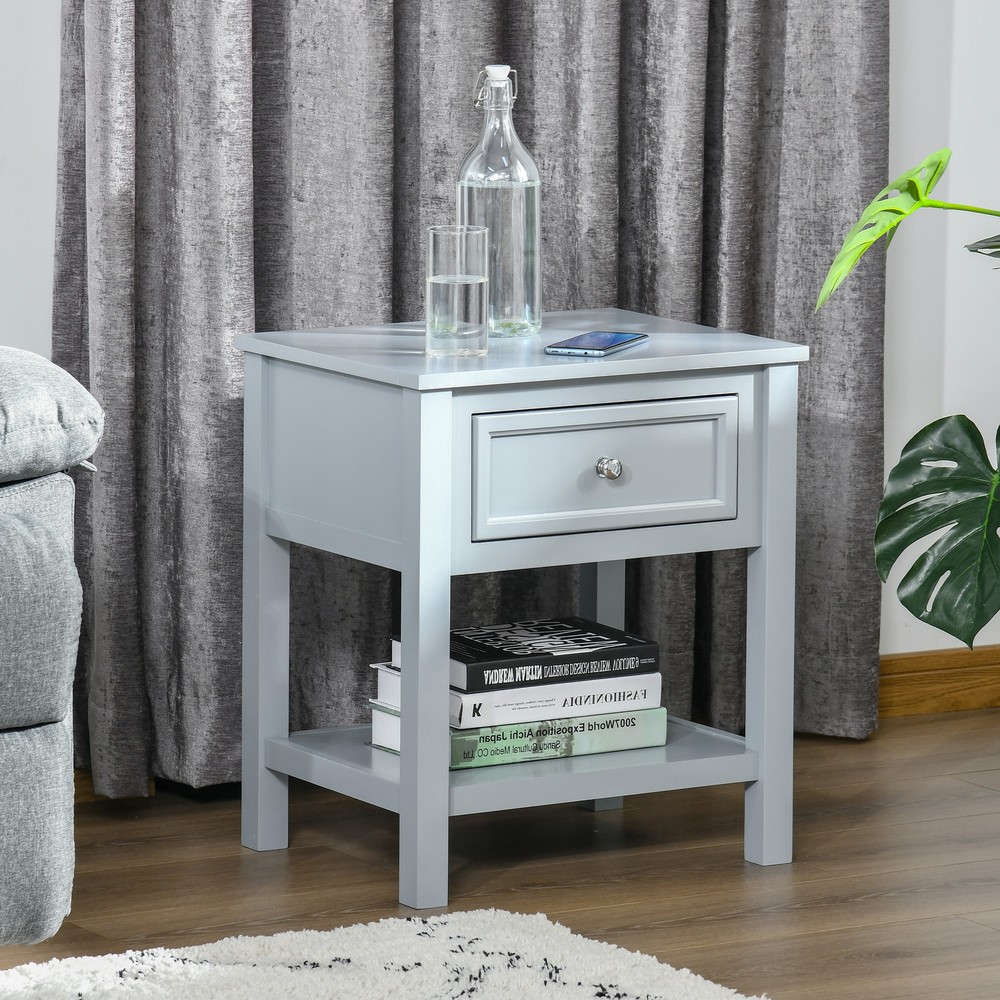 Accent End Table with Grey Tabletop, and Storage Drawer, Grey