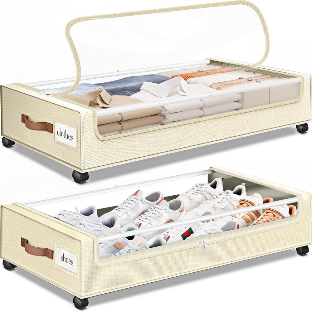 Under Bed Storage W/ Wheels 2Pack Storage Containers W/ Clear Window&Label Under