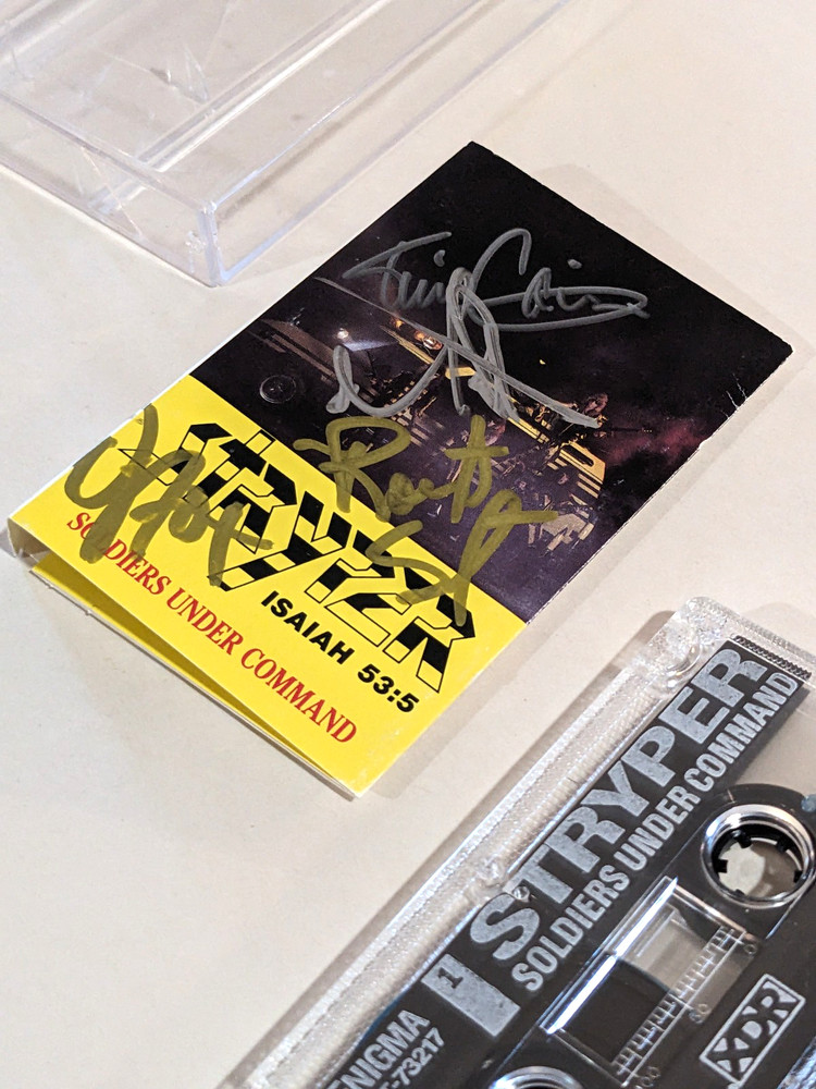 Stryper SIGNED CASSETTE Soldiers Under Command MICHAEL ROBERT OZ TIM autograph