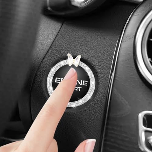 2PCS Car Engine Push Start Button Cover Decoration Ring,Bling Butterfly Silver