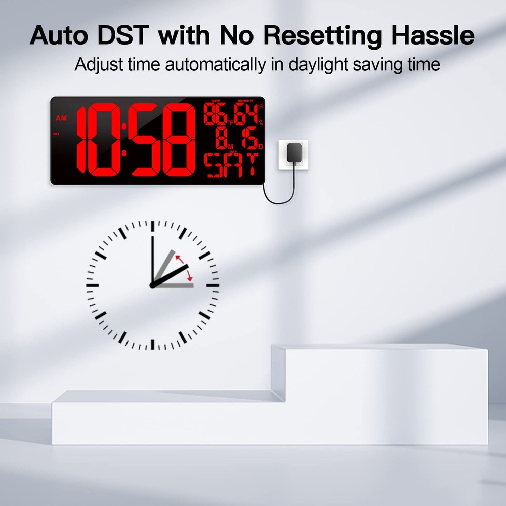 [Oversized] 18" Large Digital Wall Clock with Remote Control, Auto-Dimming Di...