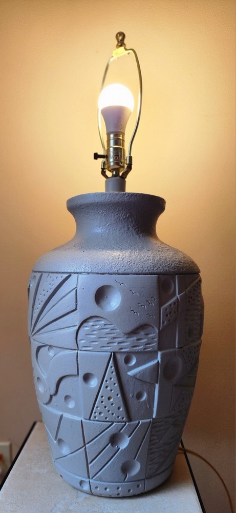 Postmodern Gray Ceramic Table Lamp Geometic Pattern 30" - See Pics