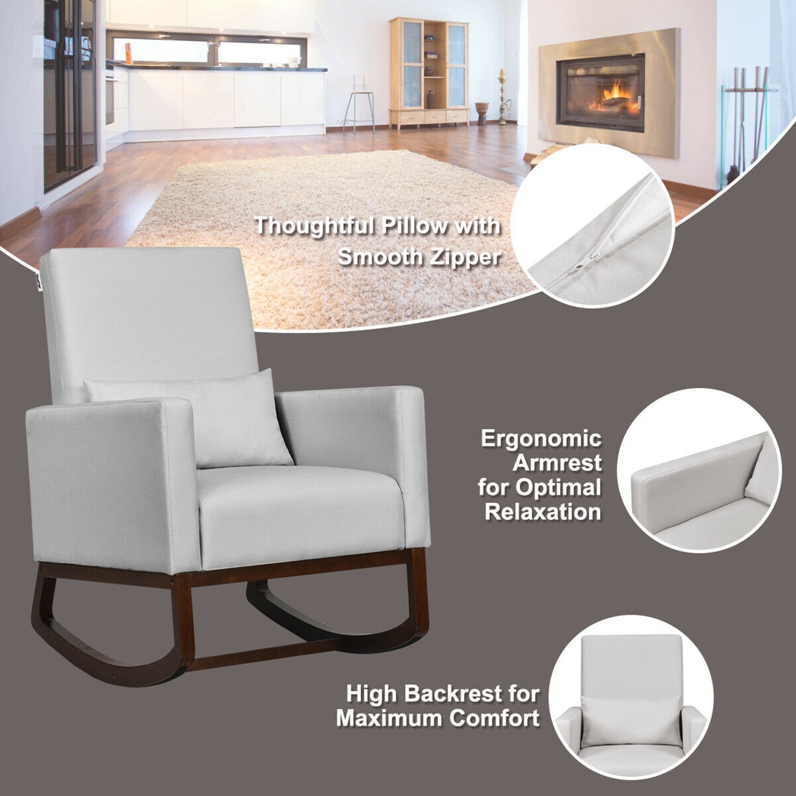 2-in-1 Fabric Upholstered Rocking Chair Nursery Armchair with Pillow Light Grey