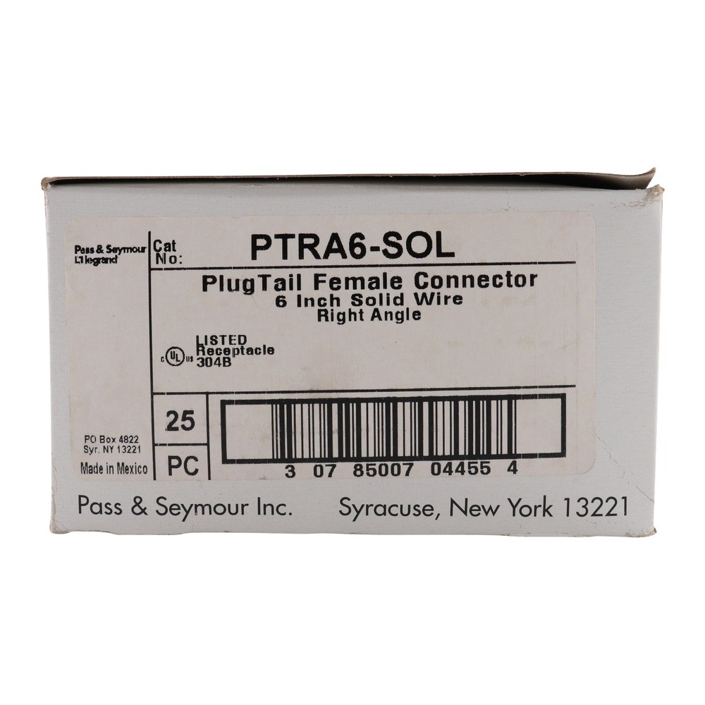 PASS & SEYMOUR PTRA6-SOL PLUGTAIL RIGHT ANGLE CONNECTOR, 6" SOLID WIRE (25-PACK)