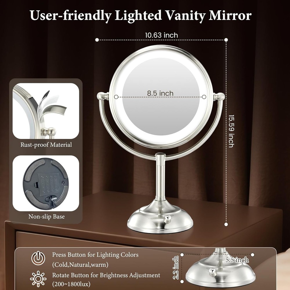 Professional 8.5" Large Lighted Makeup Mirror with 3 Color Dimmable Lights
