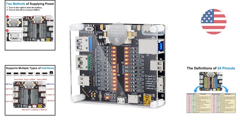 Acrylic-Cased USB Cable Tester - Battery Operated with Multi-Interface Support