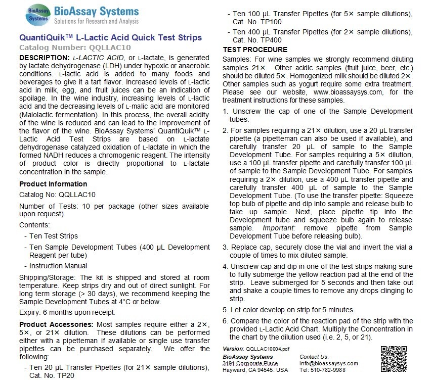 L-Lactic Acid Quick Test Strips