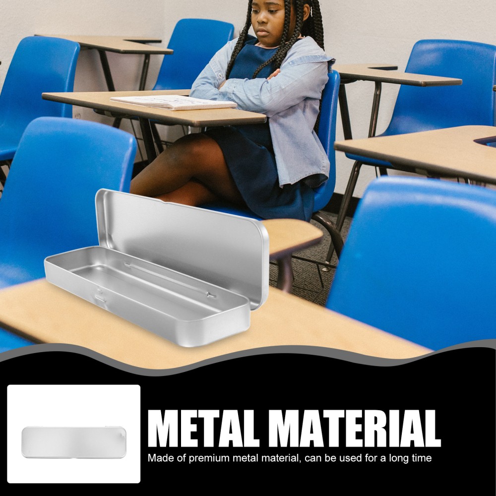 Pencil Case Rectangular Hinged Tin Box Silver Pens Office for Kids