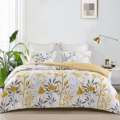 Comforter Size, 600 Thread Count Cotton Grey King Yellow & White Botanical