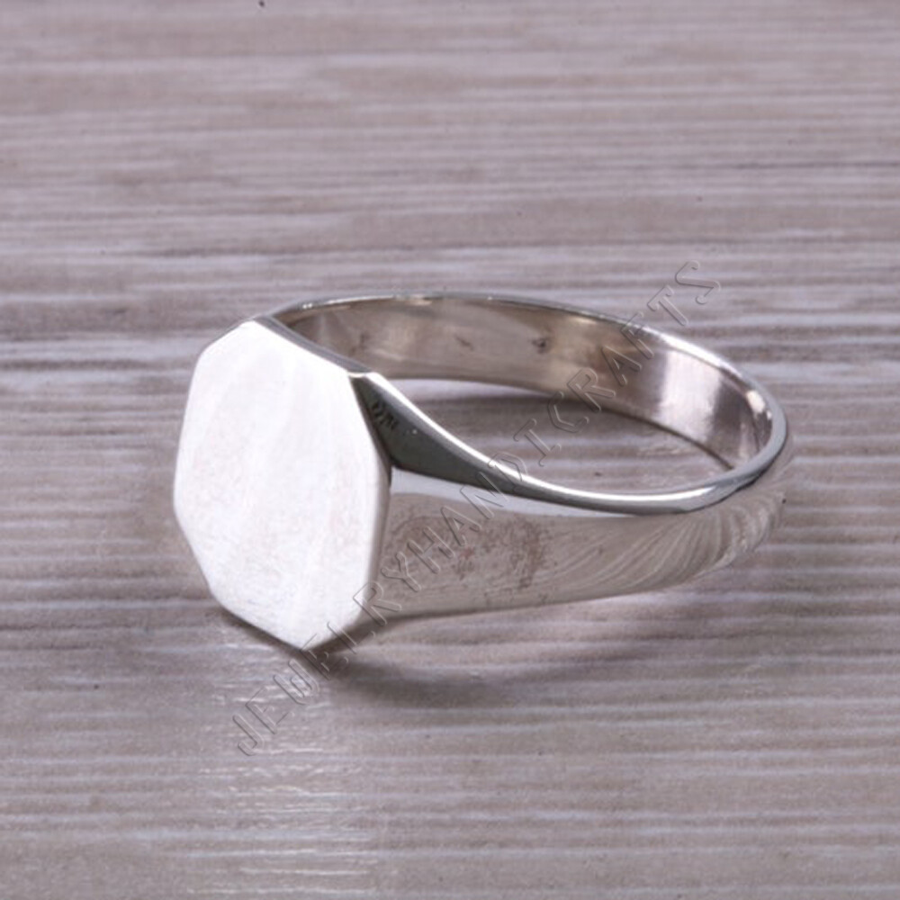 Octagon Signet Ring, Plain Solid 925 Sterling Silver Personalized Gift Ring