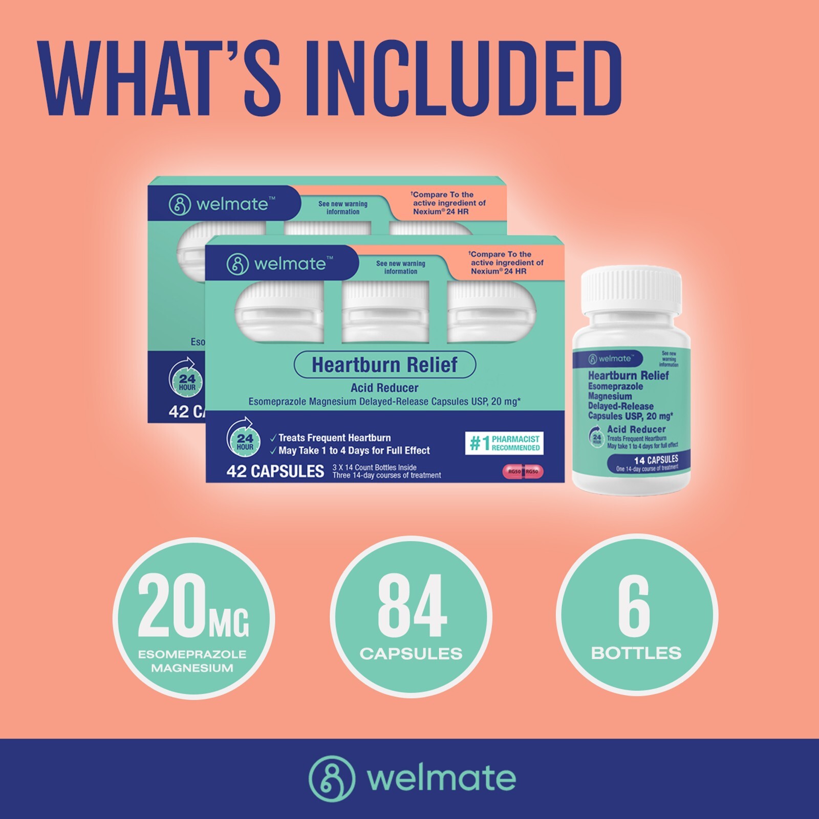 WELMATE Esomeprazole Magnesium 20mg DR Capsules | 24Hour Acid Reducer | 84 Count