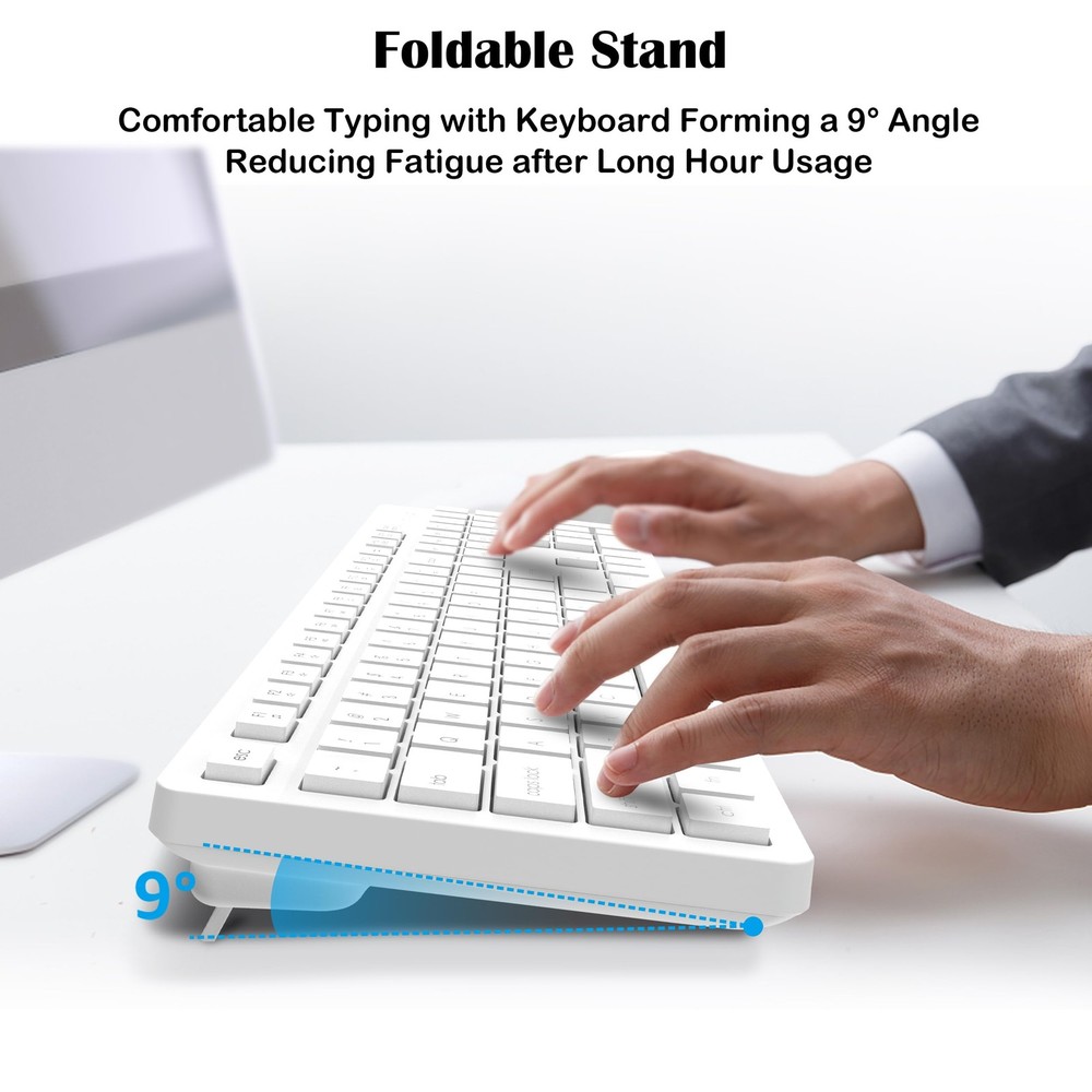 White Wireless Keyboard and Mouse Combo Full-Sized Ergonomic Computer Keyboar...