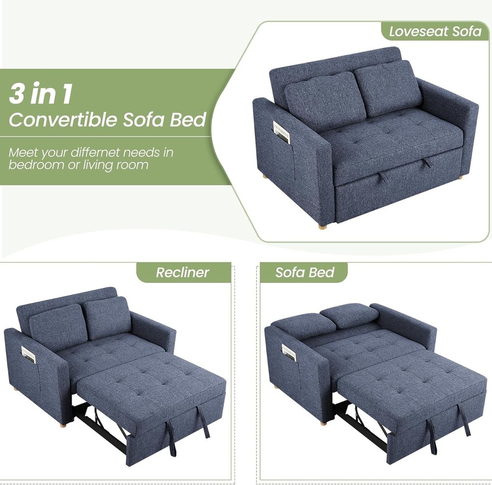 Convertible Sofa Bed, 3-in-1 Sleeper Sofa Pull Out Couch Bed,2-Seater Linen Sofa