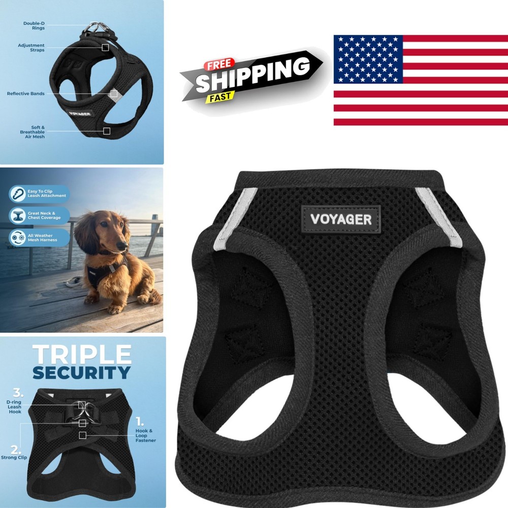 Reflective Black Harness for Small Medium Dogs with Triple Security Features