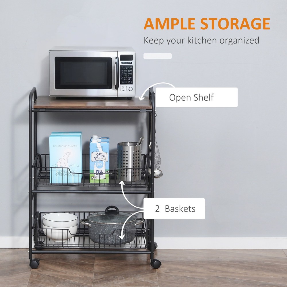 3 Tier Kitchen Cart on Wheels w/ 2 Sliding Baskets & Side Hooks, Walnut