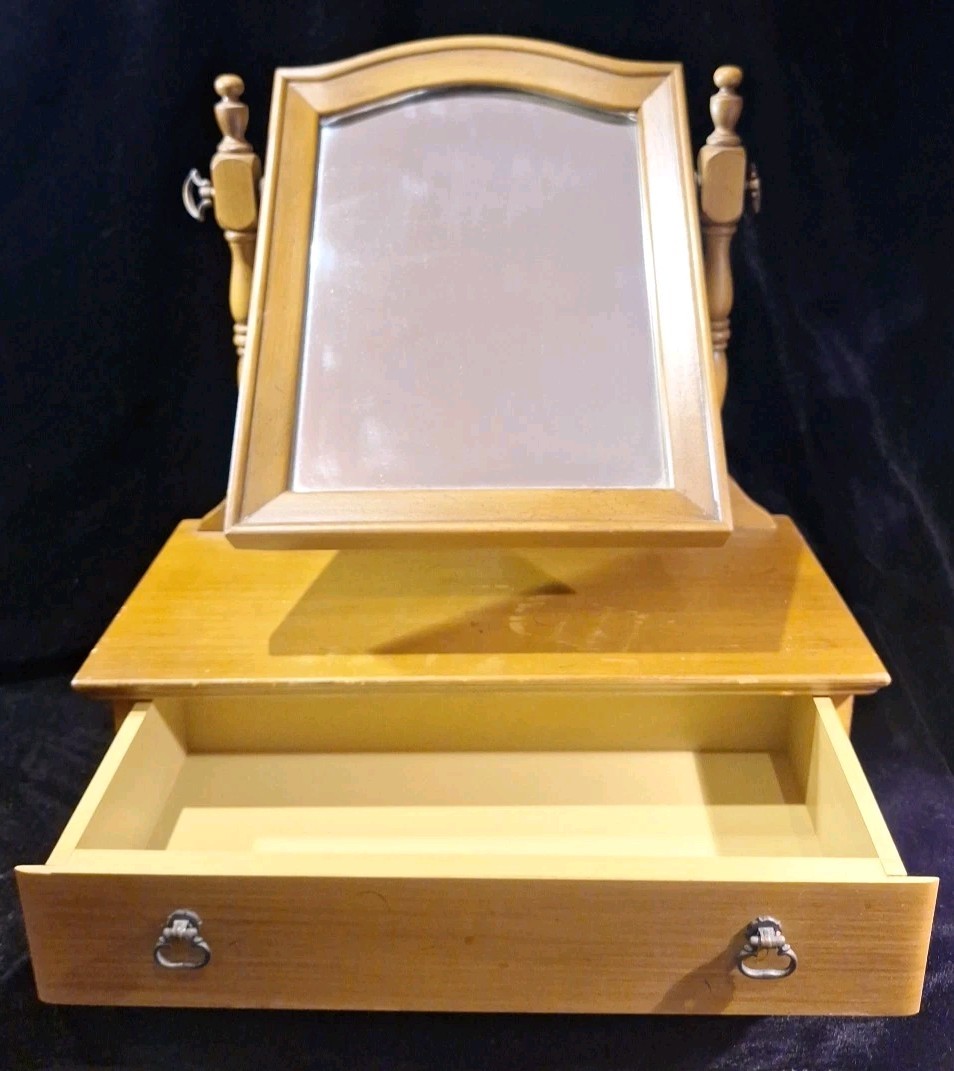 Antique Wood Tabletop Vanity Dressing Table Swivel Mirror with Storage Drawer