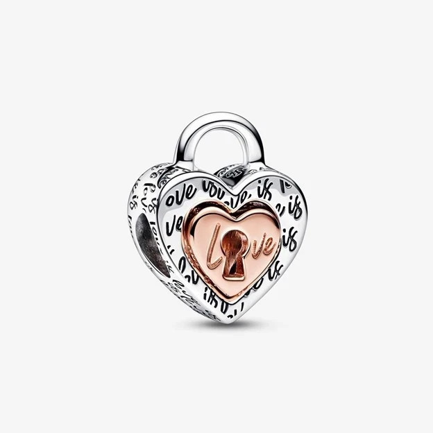 PANDORA Two-Tone, Two-Layer Padlock Splittable Heart Charm, #782505C00