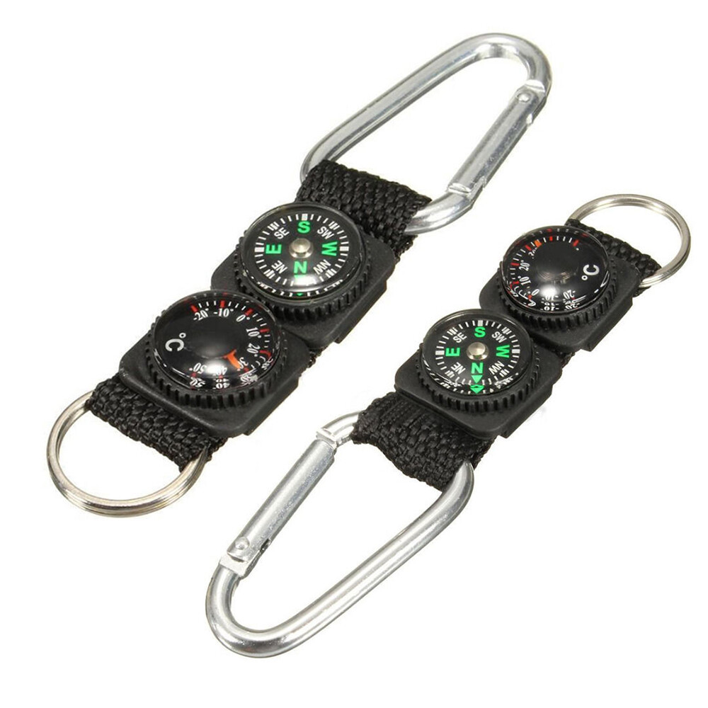Multifunction Mini Compass Camping Survival Thermometer Keychain Carabiner Hooks