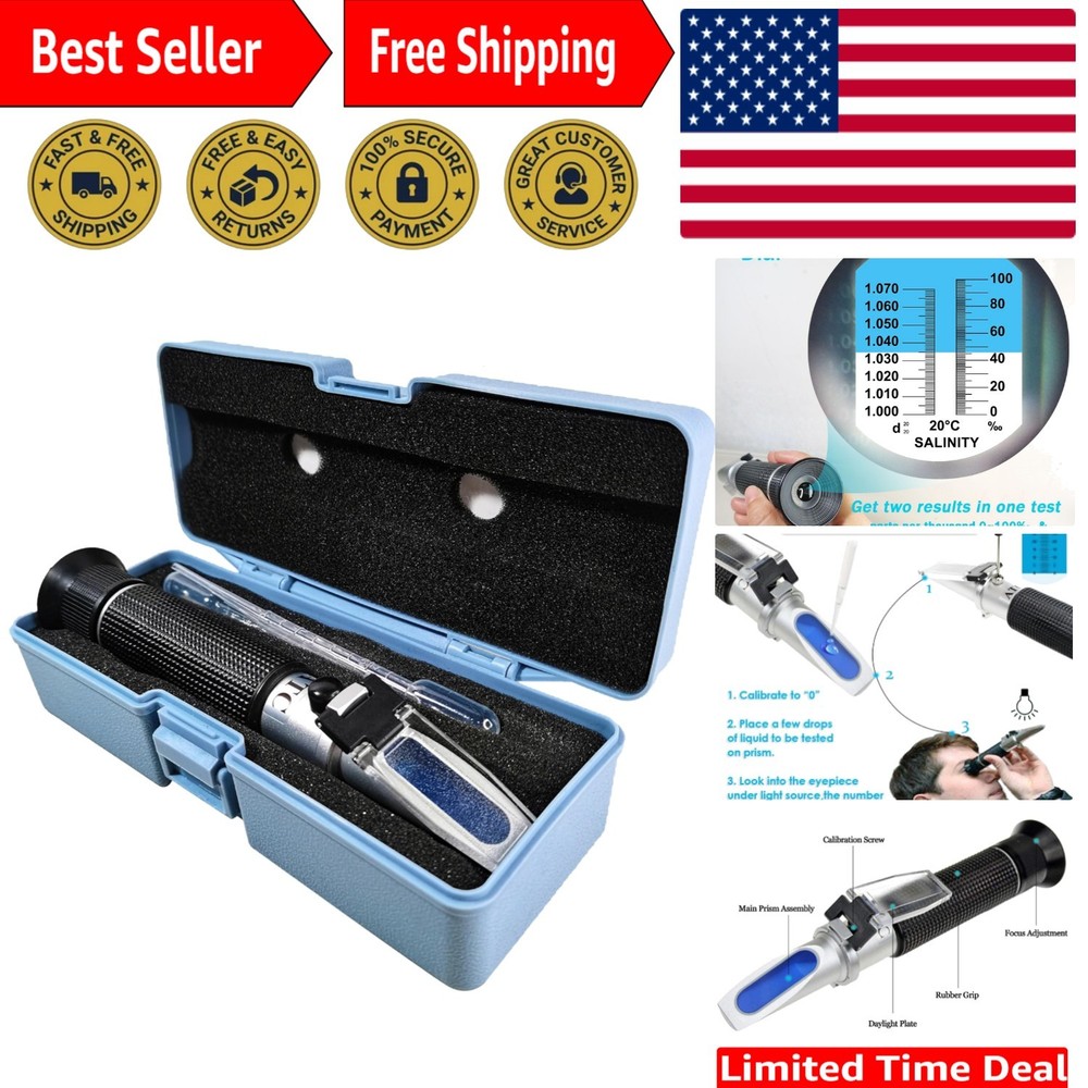 0-100 PPT Salinity Refractometer with Temperature Compensation & Hard Case