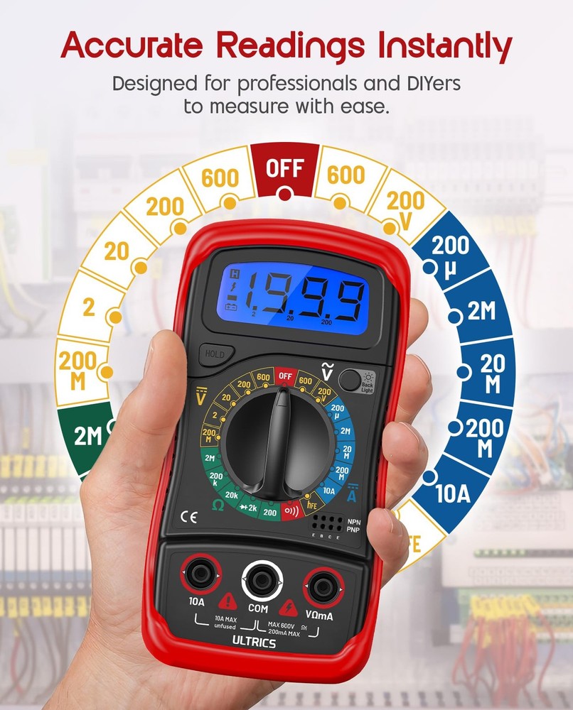 ULTRICS Digital Multimeter, Voltmeter Ammeter Ohmmeter with Test Leads Red