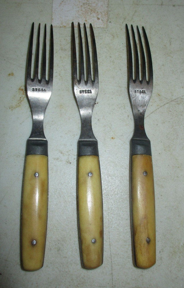 3 SETS ANTIQUE KNIFE & FORK BONE HANDLED FLATWARE