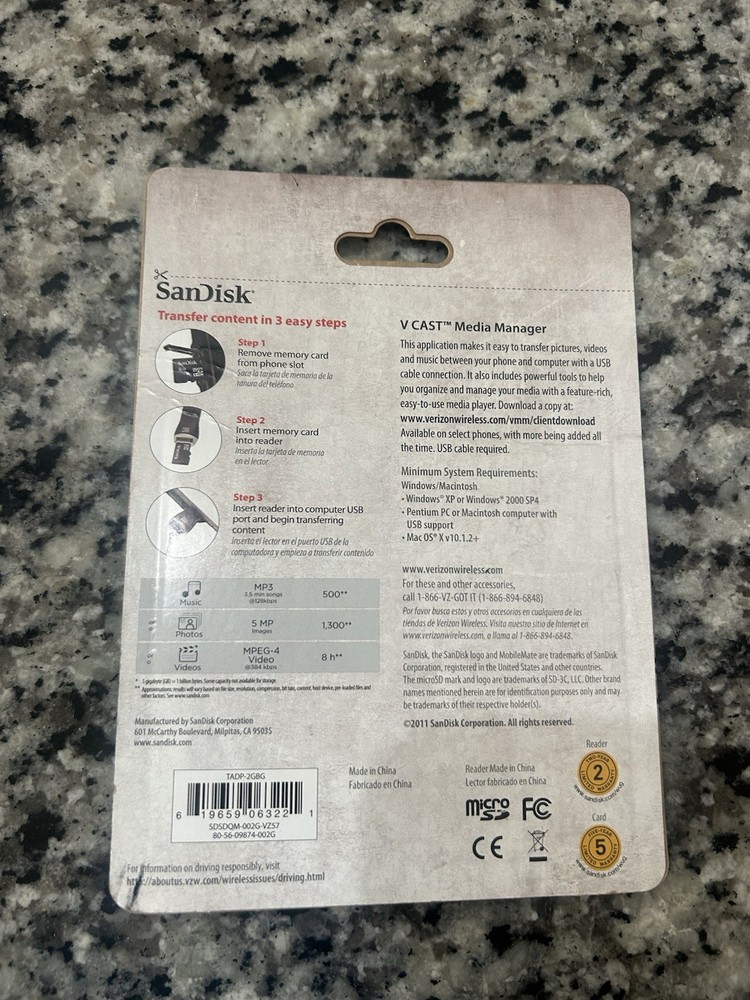 Verizon SanDisk 2GB Memory Card & MobileMate Micro Memory Card Reader NEW