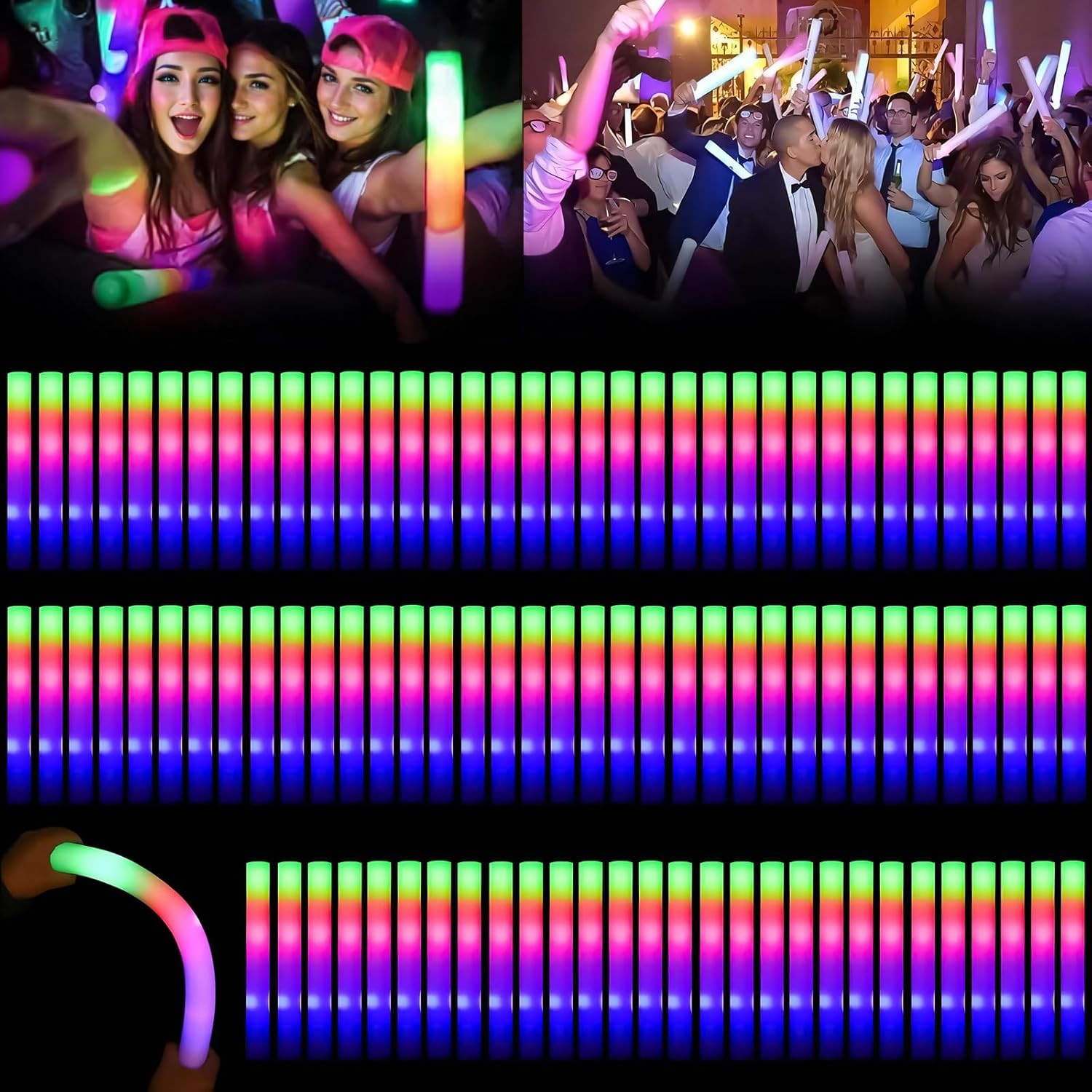 100 PCS LED Light Up Foam Sticks Concert Rally Glow Sticks Party Rave Wands