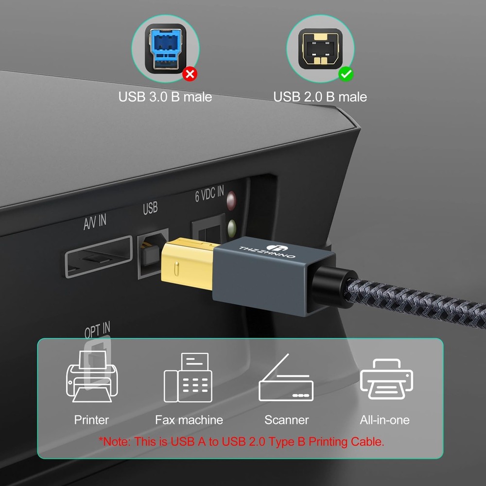 Thzzhnno USB Printer Cable 10FT, A to B Cable, 2.0 Type A 10FT